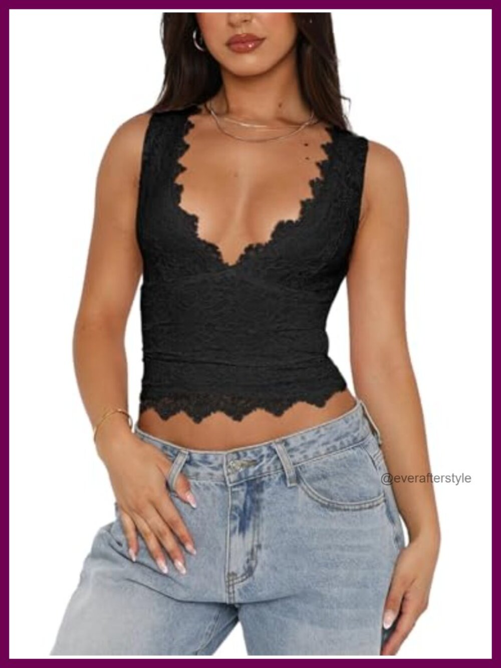 REORIA Women's Lace Cropped Tank Top Double Lined V-Neck Sleeveless Y2K